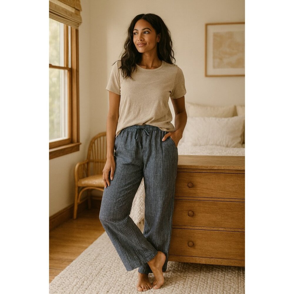 Small Relaxed Linen Cotton Stripe Pants With Elastic Waist & Drawstring Wide Leg